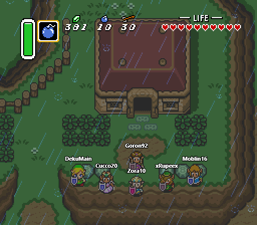 Six players in different character sprites standing together outside Link's house