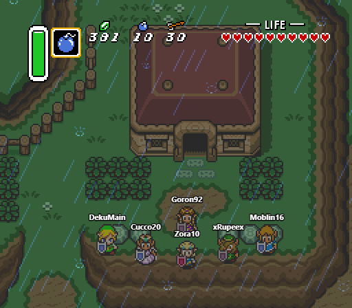 Six players, each with their own character sprite, doing a spin attack together outside Link's house